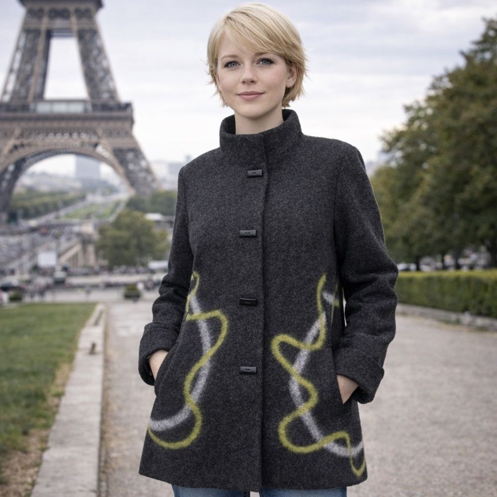 Aino Finland Dark Grey & Lime Green Wool Car Length Coat